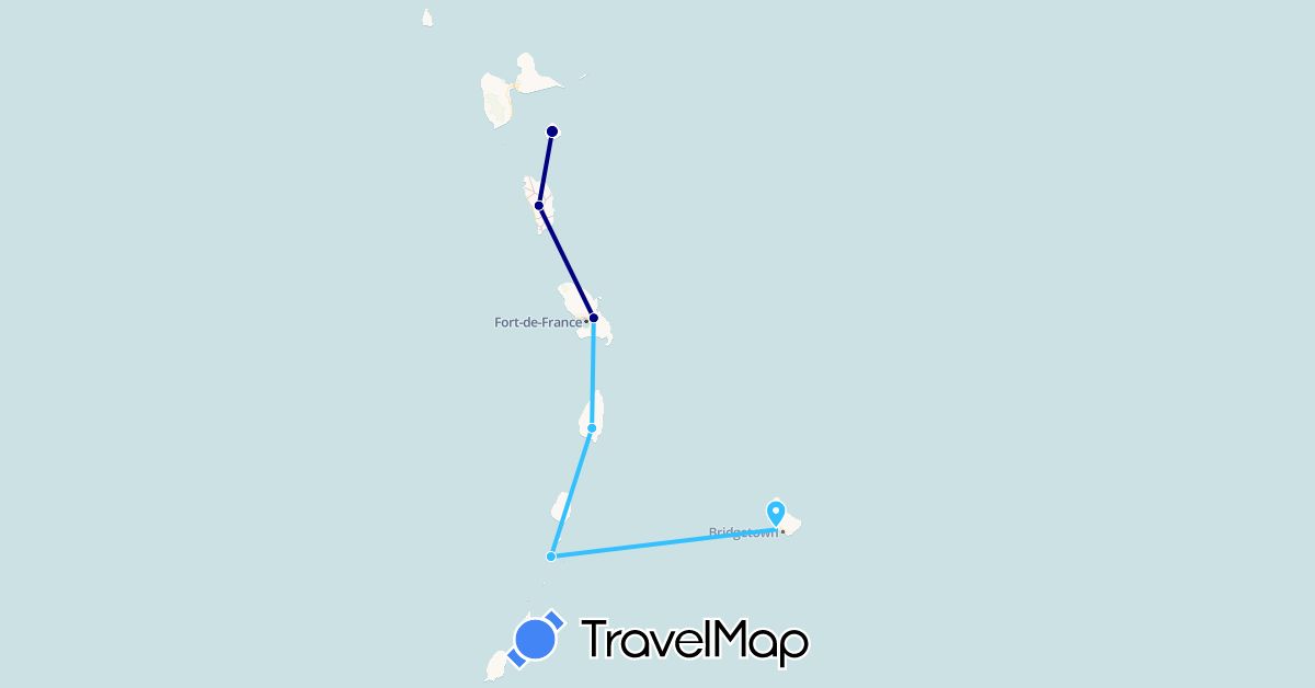 TravelMap itinerary: driving, boat in Barbados, Dominica, France, Saint Lucia, Saint Vincent and the Grenadines (Europe, North America)